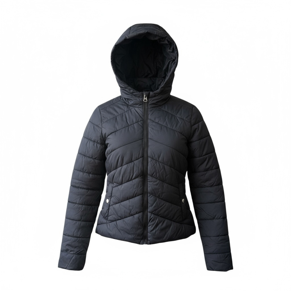 Lefties Black Quilted Puffer Jacket Hooded Coat Front Zip Outerwear Size SMALL